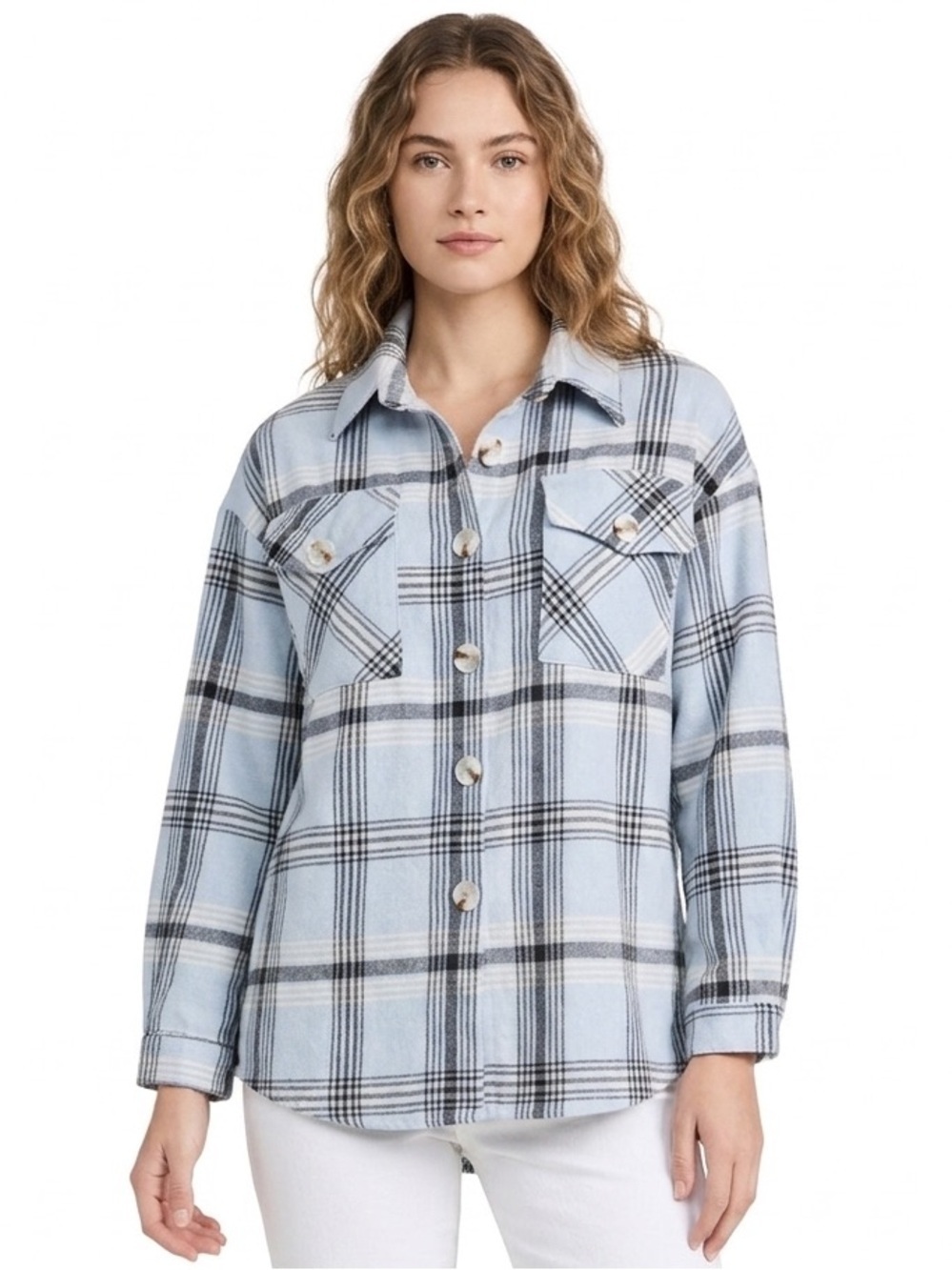 Froccella Boyfriend Cotton Shirt in Light Blue/Black Plaid Size Medium/Large